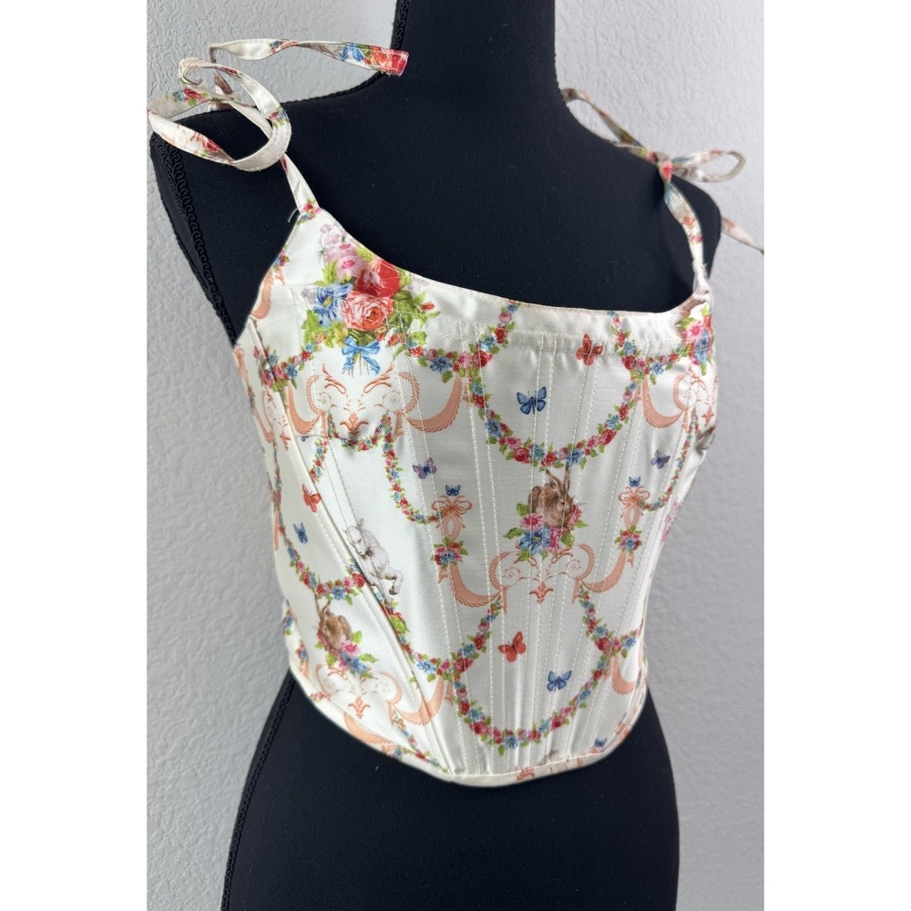 Sugar Thrillz Corset Top S Satin Lace Up Back Rococo‎ Floral Fairycore Coquette